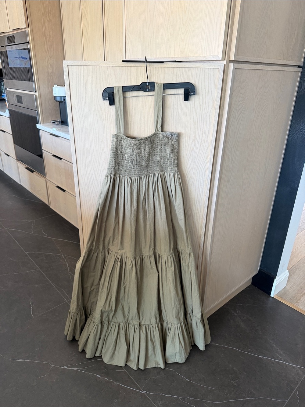 Chelsea & Theodore Olive Green Smocked Tiered Maxi Dress